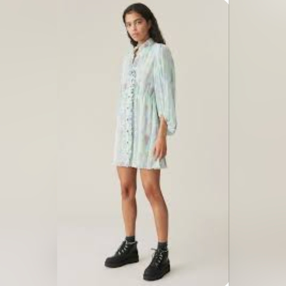 GANNI Dress, NWT, Pastels, Micro-Pleats, Ruffles, Size 14 - Picture 8 of 15